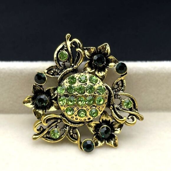 Yellow Gold with Emerald and Peridot Green Crystal Flower Pin Back Brooch - Picture 3 of 7